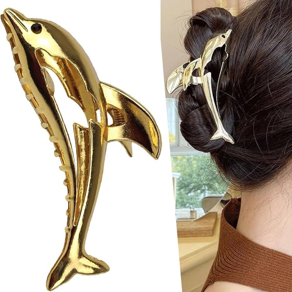 Dolphin Gold Hair Claw Animal Metal Kawaii Cartoon Clip Strong Clamp